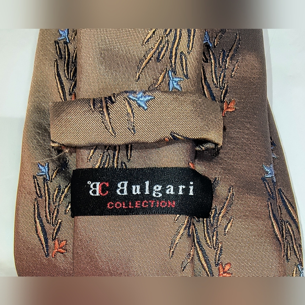 BVLGARI Collection Vintage Tan Tie with Blue and‎ Orange Floral Design